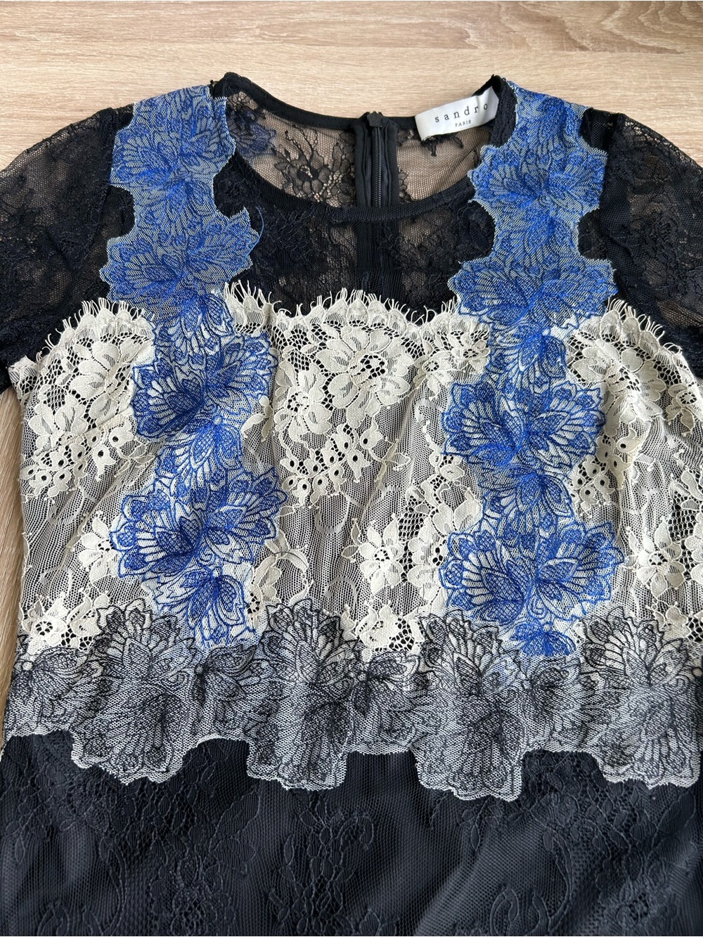 Sandro Paris Lace Floral-Accent Mini Dress Black White Blue 4 S Small - Picture 3 of 12